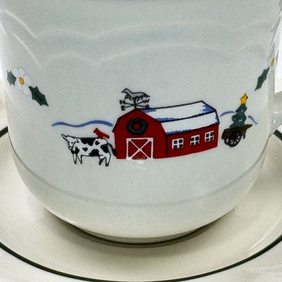Vtg Set of 2 Pfaltzgraff Snow Village Christmas Farmhouse Coffee Mug Saucer Set - Picture 3 of 16